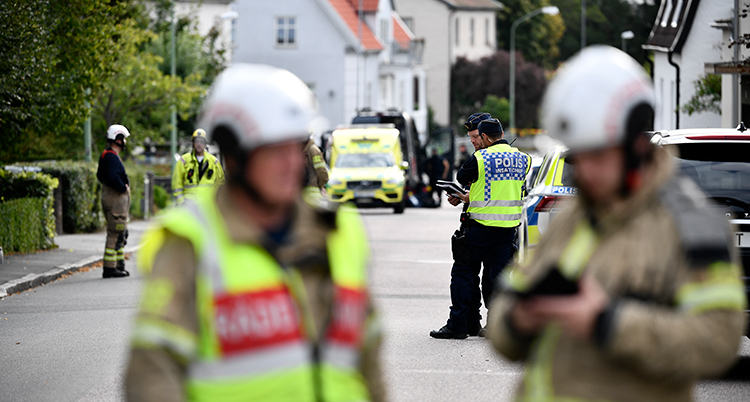 Räddningspersonal med hjälmar och varselvästar syns i förgrunden. Bakom syns trävillor vid en väg.