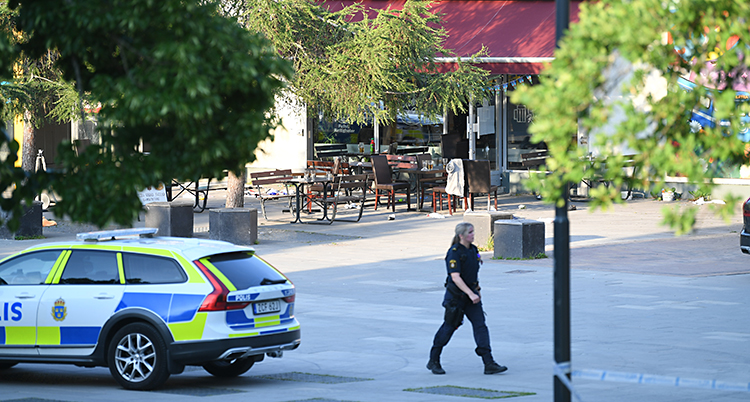 Ett torg i Sätra. En polisbil står där och en kvinnlig polis går över torget. Längre bort syns en restaurang.