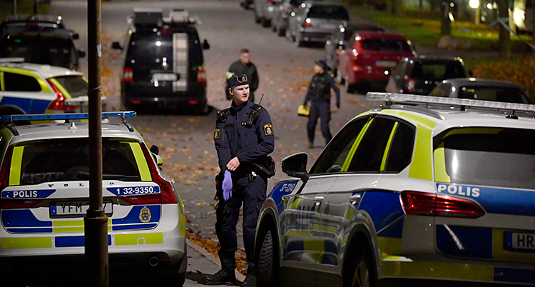 Flera poliser och flera polisbilar står på en gata.