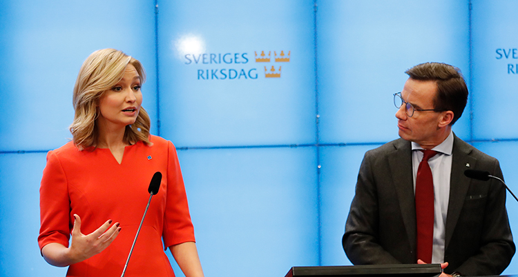 Busch och Kristersson står bredvid varandra. Busch talar.