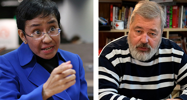 Maria Ressa på en bild bredvid en bild på Dimitrij Muratov.