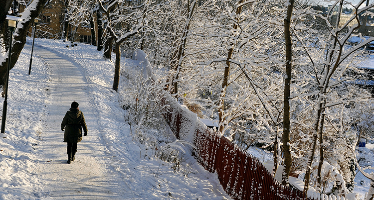 En person går på en väg som är täckt av snö.