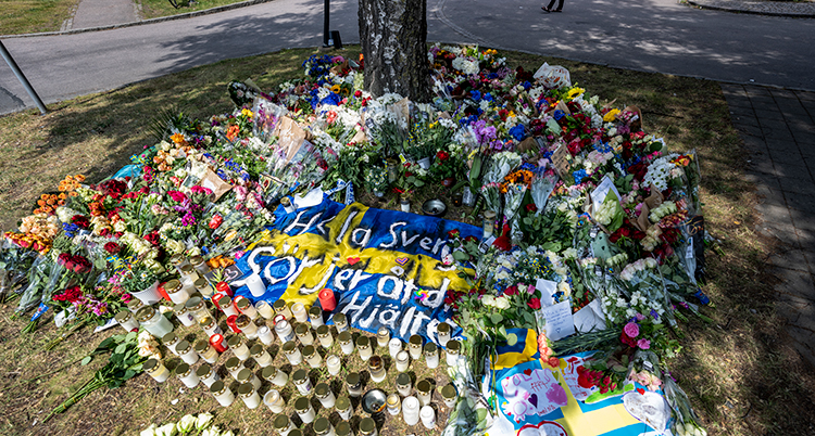 Massor av blommor och ljus på marken.