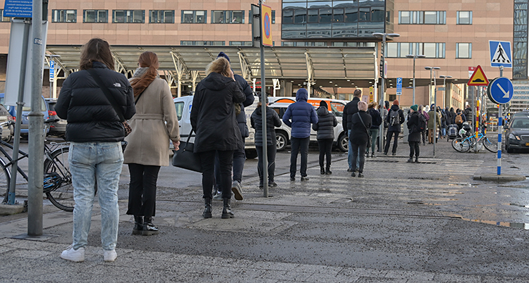 Människor står i kö utomhus på en trottoar i centrala Stockholm.