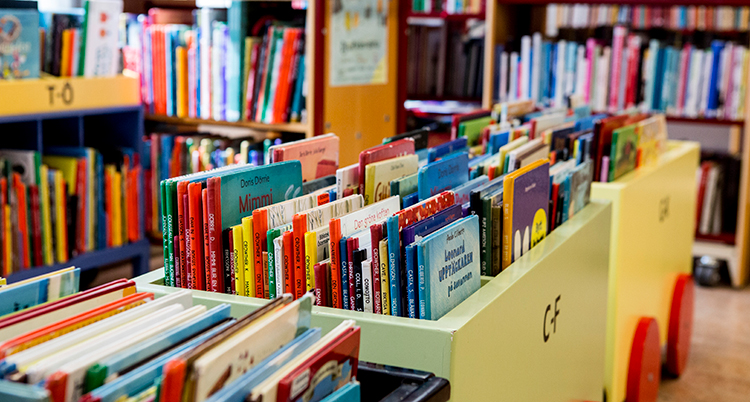 Böcker på ett bibliotek.