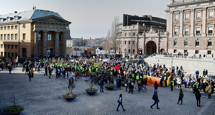 Många människor demonstrerar framför riksdagshuset