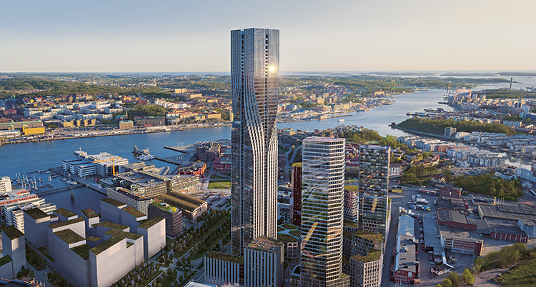 En hög byggnad syns i panoramabilden över Göteborg