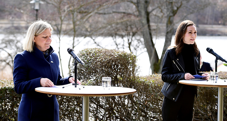 Statsministrarna. står bredvid varandra och pratar i varsin mikrofon.