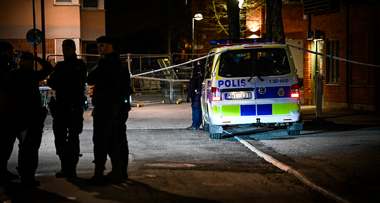 Poliser står i mörkret vid en polisbil.