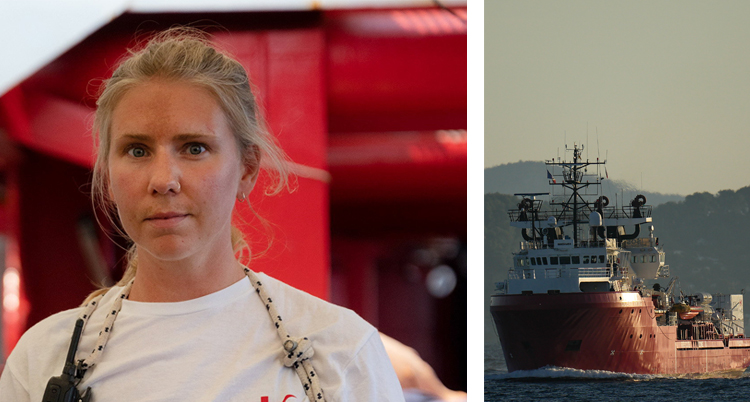 Två bilder. Den ena på Josefin som tittar in i kameran. Den högra bilden på en stor båt.