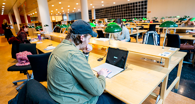 En stor sal på ett bibliotek där människor sitter och pluggar.