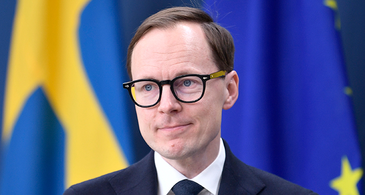 Han står framför Sveriges och EUs flagga.
