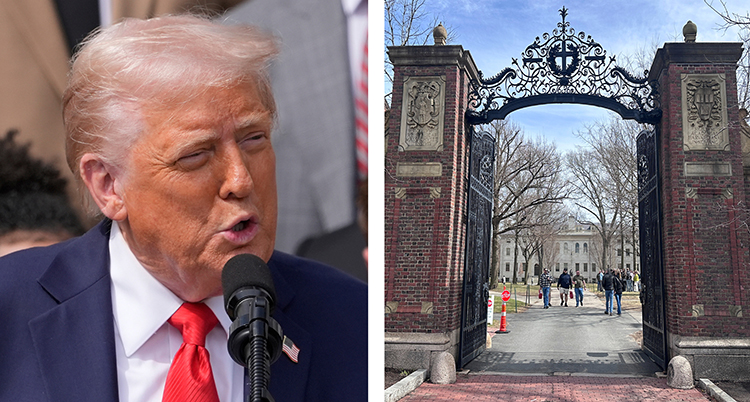 Två bilder. En på Donald Trump och en på en port till universitetet.
