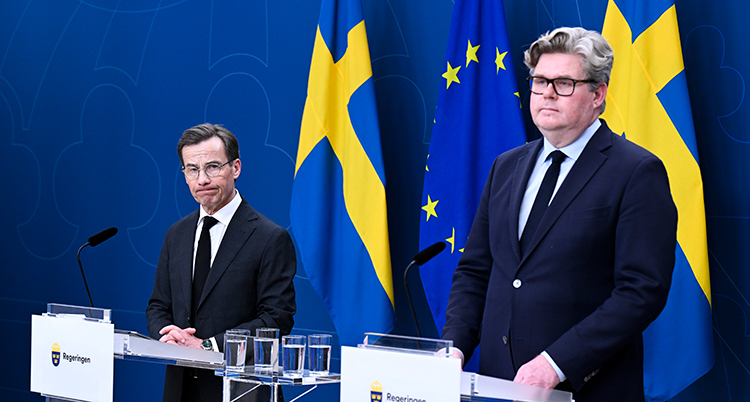 De står bredvid varandra. Sveriges och EUs flaggor syns bakom dem.