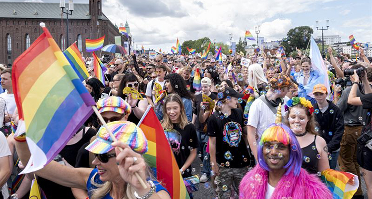 Många människor går i en parad. Det syns prideflaggor