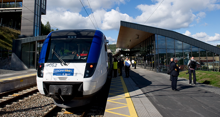 Ett tåg står inne på en station.