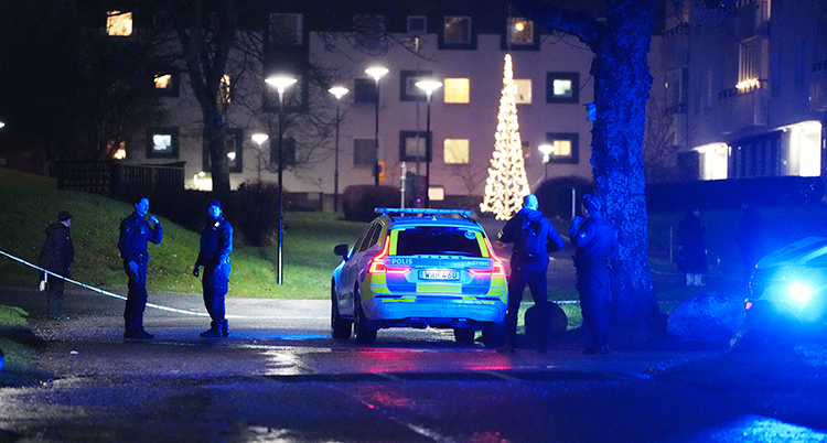 Det är mörkt ute. Flera poliser och polisbilar är i ett område med stora hus med lägenheter.