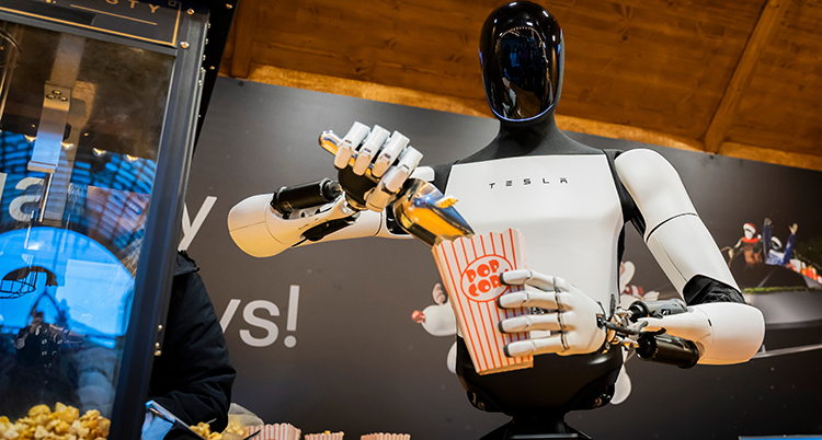 En robot håller i en slev och häller popcorn i en behållare.