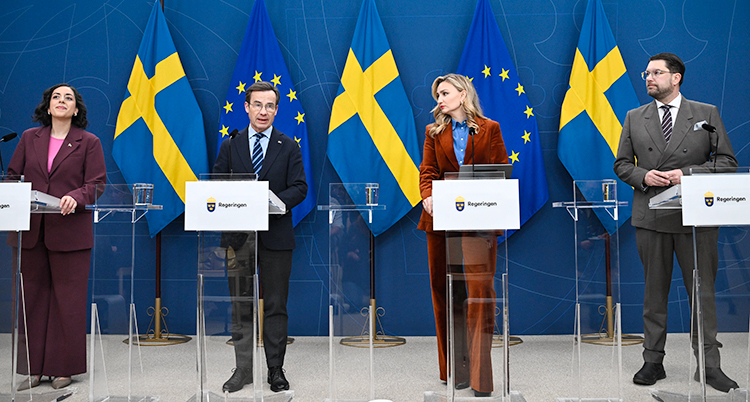De står bredvid varandra. De har varsin talarstol och varsin mikrofon. De pratar på en träff med journalister.