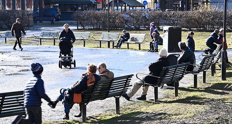 Folk sitter på bänkar i solen.