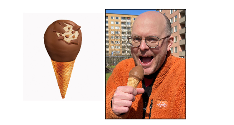 Bild på en glass och bild på Martin som äter en glass.