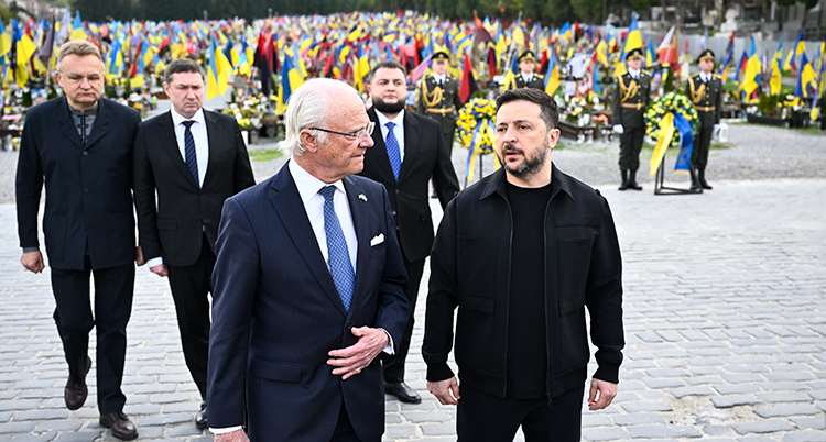 Kungen och Zelenskyj framför militärer, flaggor och blommor.