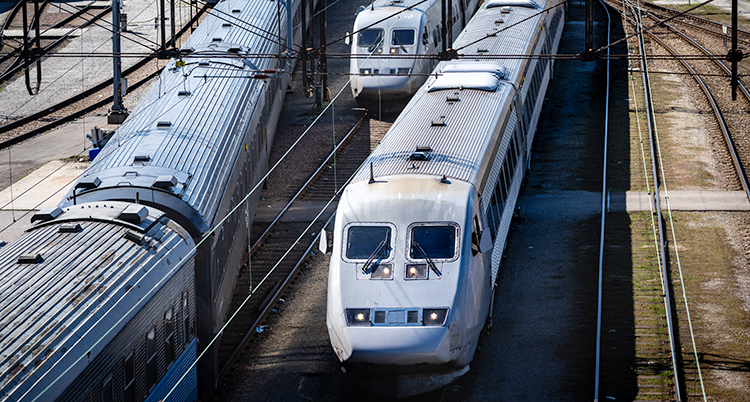 Flera tåg som står på en station.