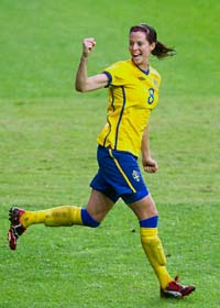 Lotta Schelin jublar över mål mot Danmark. Foto: Björn Larsson Rosvall/Scanpix