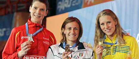 Ebba Jungmark tog brons i EM. Antonietta Di martino från Italien vann guld. Ruth Beitia från Spanien tog silver. Foto: Lionel Cironneau/Scanpix