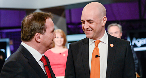 Socialdemokraten Stefan Löfven och Moderaten Fredrik Reinfeldt är huvudmotståndare i valet till riksdagen i höst. I söndags möttes de 
och de andra partiledarna i en debatt i tv. Foto: Maja Suslin/TT.