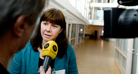 Miljöminister Åsa Romson blir intervjuad av en journalist. Foto: TT