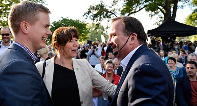 Miljöpartiets ministrar Gustav Fridolin och Åsa Romson tillsammans med statsminister Stefan Löfven.