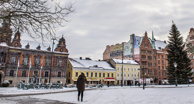 Torget i Malmö med en rad hus. Rådhuset är i rött tegel med mycket utsmyckningar.