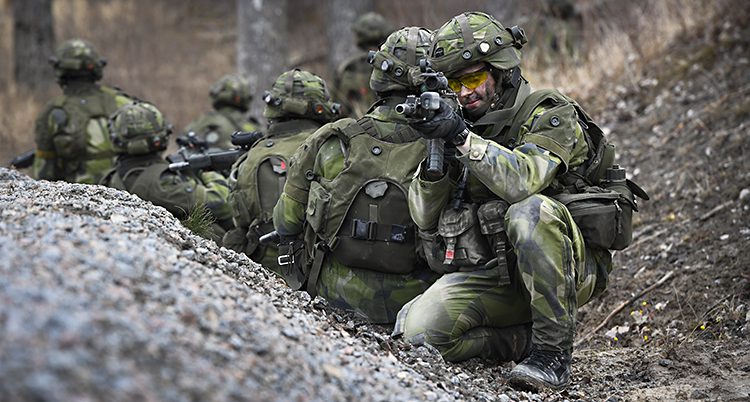 Kamouflageklädda soldater siktar med vapen i skogen.