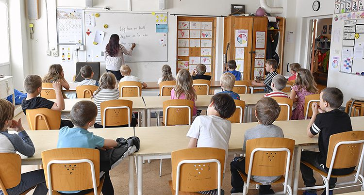 En lågstadieklass i ett klassrum. Barnen syns bakifrån. De sitter vid sina bänkar. Längst fram i klassrummet står läraren och undervisar. Hon skriver på vita tavlan.