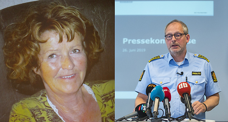 Bilden är delad i två. I den vänstra delen syns en kvinna, i den högra syns en polis.