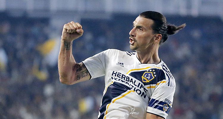 Fotbollspelaren Zlatan Ibrahimovic under en match. Han knyter sin näve och firar att han har gjort mål.