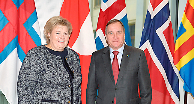Norges statsminister Erna Solberg och Sveriges statsminister Stefan Löfven. Bakom den syns de nordiska ländernas flaggor.