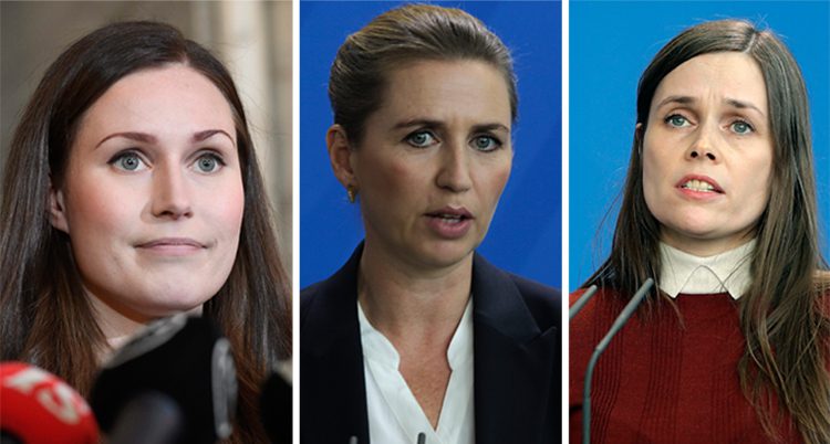 Sanna Marin, Mette Frederiksen och Katrín Jakobsdóttir. Treunga kvinnor som är ledare i Norden.