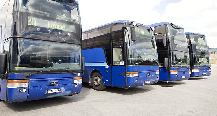 Fyra blå bussar står parkerade.