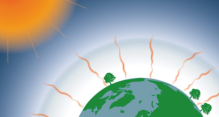 En tecknad bild av jorden med ett lager gas runt och en sol som värmer