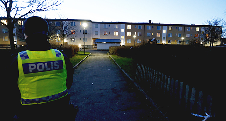 En polis står med ryggen till. Längre bort syns husen