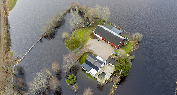 En bild tagen från en flygande kamera. På bilden syns ett hus med vatten runt.