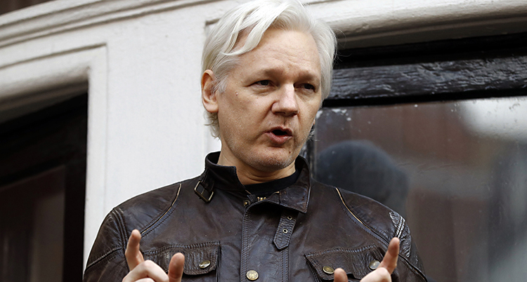 En gammal bild på Julian Assange. Han har grått hår och en svart jacka på sig.