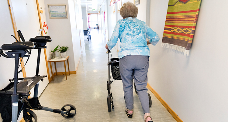 ryggen på en äldre kvinna med en rollator i en korridor på ett äldreboenden.