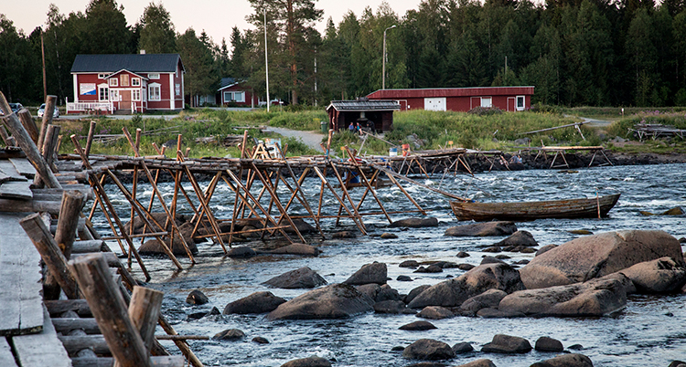 En fors med en skranglig bro.