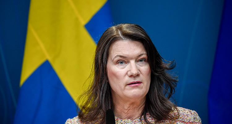 En bild på Ann Linde. Svenska flaggan syns bakom henne.