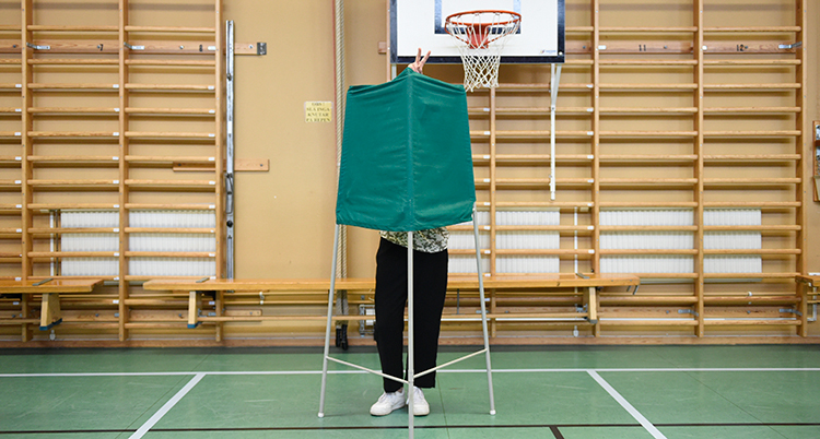 En person står bakom ett grönt skynke. Personen röstar i valet till EU.