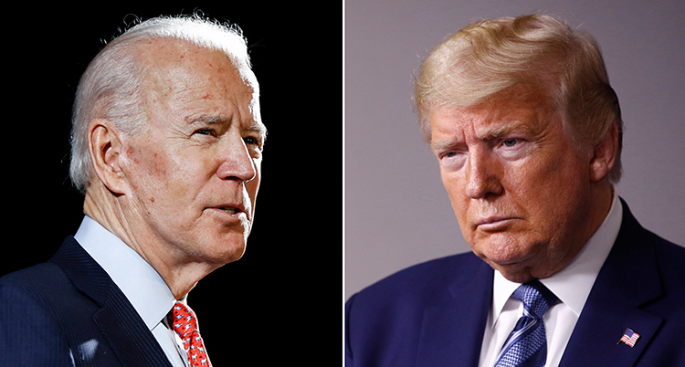 Två bilder. Den vänstra föreställer Biden.Han har grått hår och röd slips. Trump har ljust hår och blå slips.