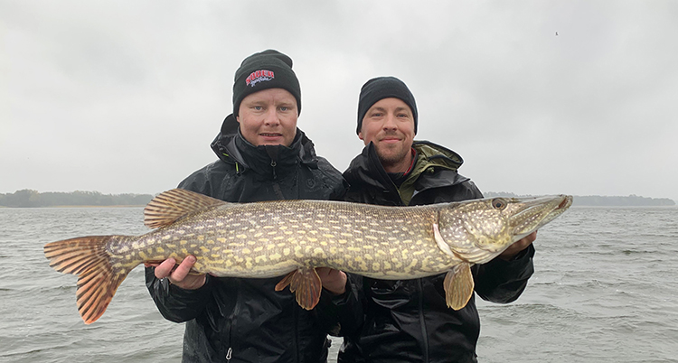 Nicklas Lahti och Egron Nilsson med en 105 centimeter lång gädda i händerna.